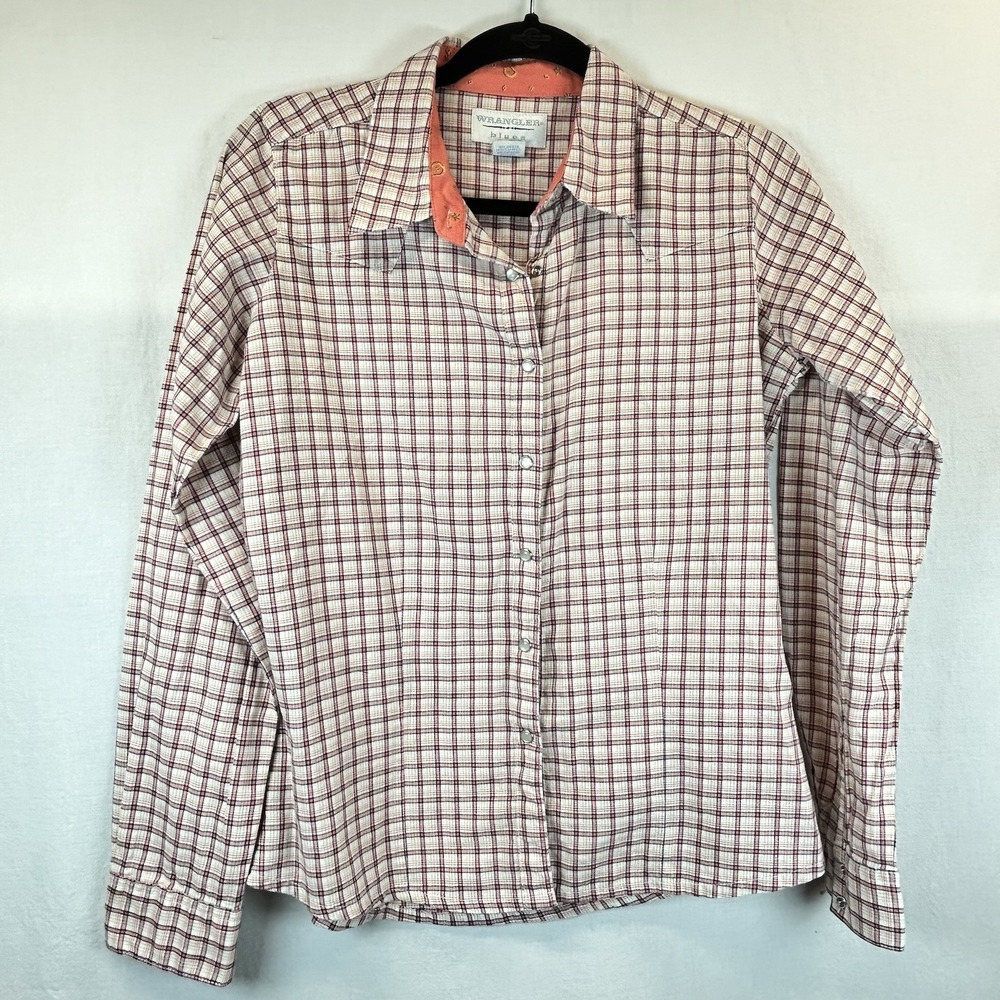 Wrangler Shirt Women Peach White Western Rodeo Pearl Snap Cotton Long Sleeve Med
